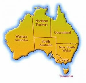 Map of Australia where information on Australia starts and which state you will be travelling in