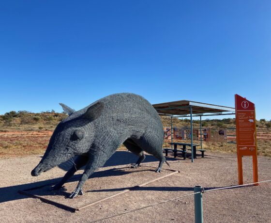 Sculpture in protective enclosure wire of the Big Bandicoot