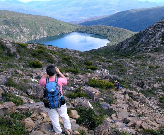 The climb over dolerite debris leads to the Hartz Mountains and panoramic views of hidden lakes and the great South-West Wilderness