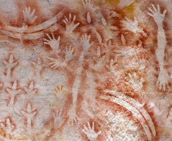 Composite rock art stencils adorn the sheltered galleries of Carnarvon Gorge, thought to be a ceremonial gathering point and cultural corridor for at least two groups of First Peoples 