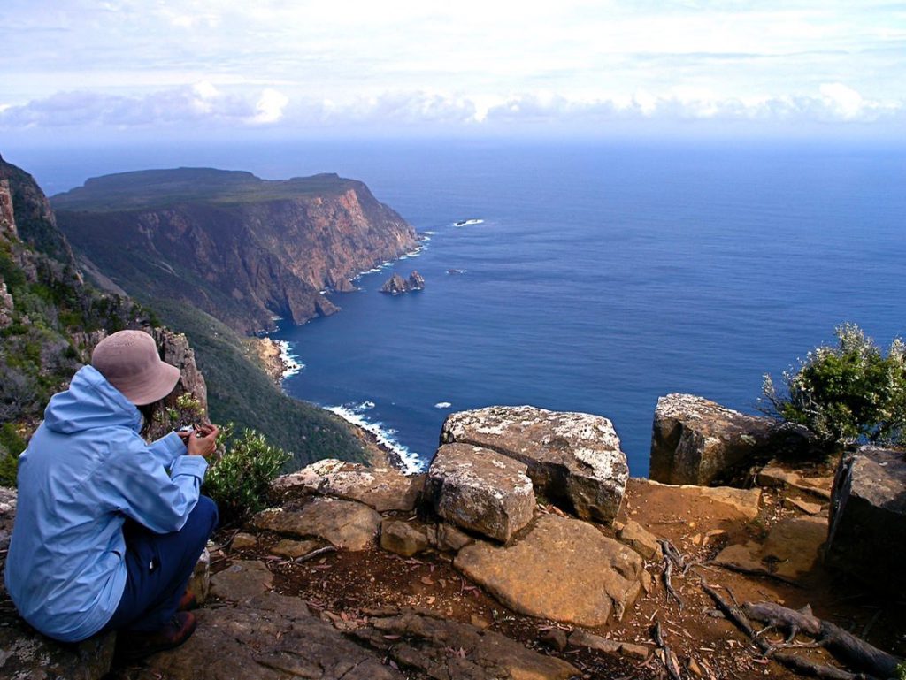 Grand vista of southern ocean and first sighting of Cape Raoul, Tasman National Park