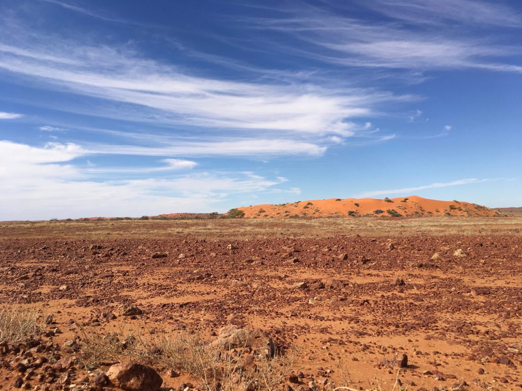 The Sturt's Stoney Desert of polished red gibber stones borders the red sand ridges of the Strzelecki Desert