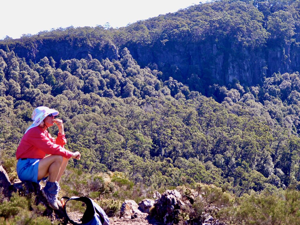 Tour guest in contemplation below volcanic escarpment